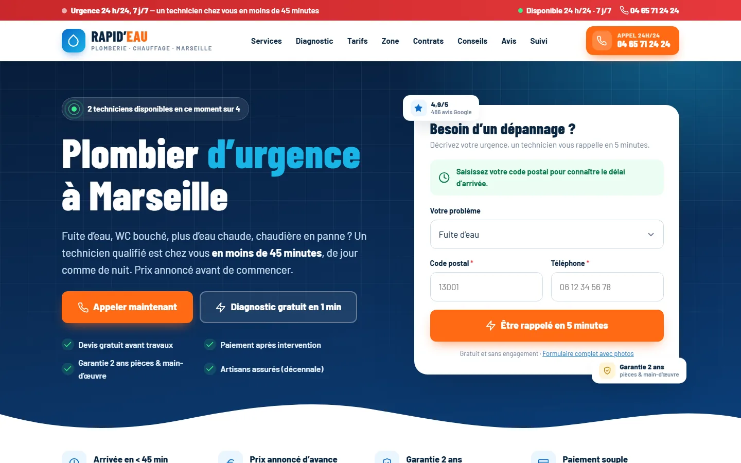 Aperçu du site Rapid’Eau, plombier · dépannage 24 h/24 à Marseille